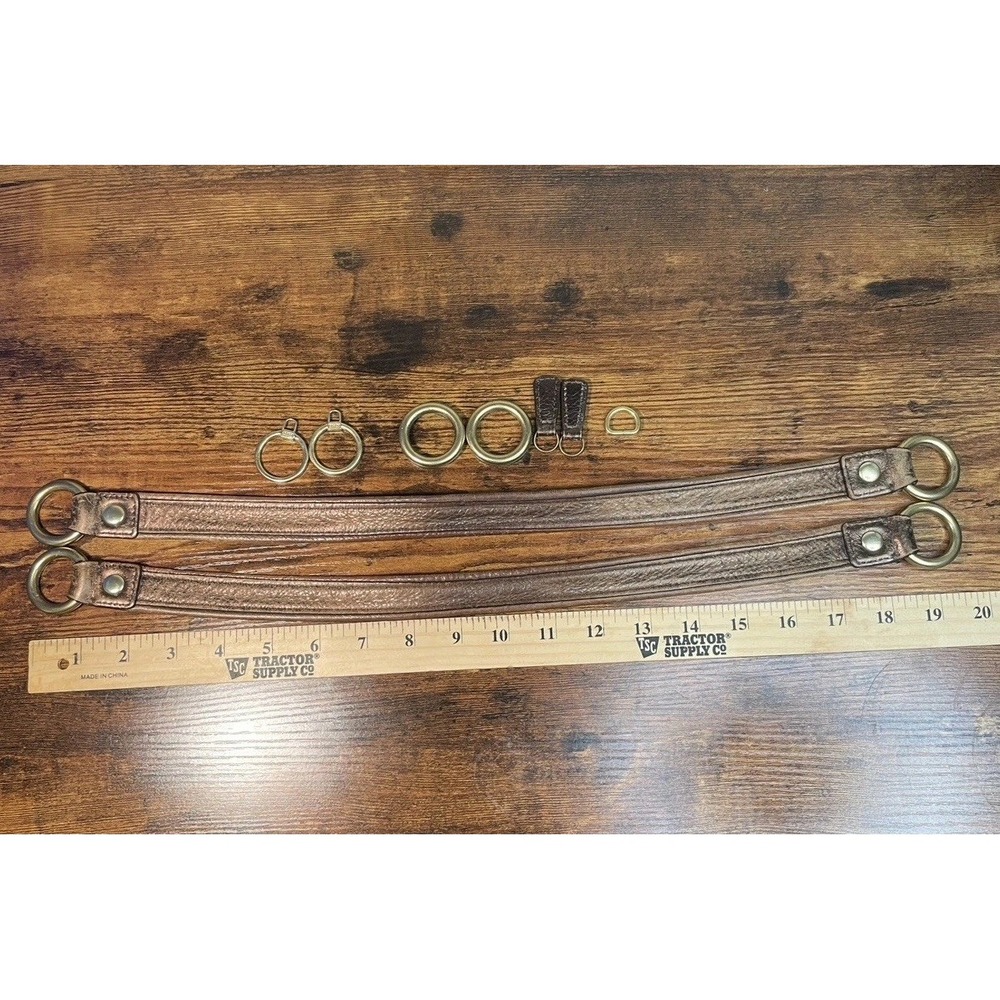 Coach Bag Parts 20" Brown Leather Straps Brass Rings And Matching Zipper Pulls
